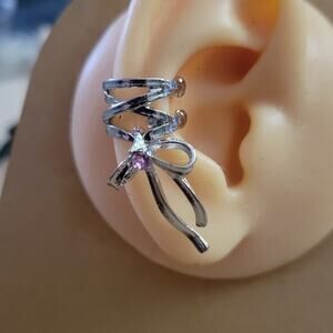 Cute balletcore silver bow pink crystal ear cuff huggie earrings